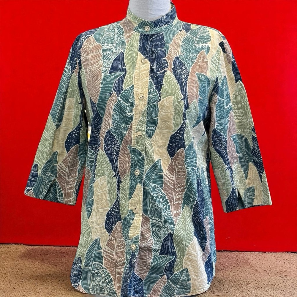 Ari South Hawaiian Womens Top Sz S Ti Leaves Floral Blouse Mandarin Collar Aloha